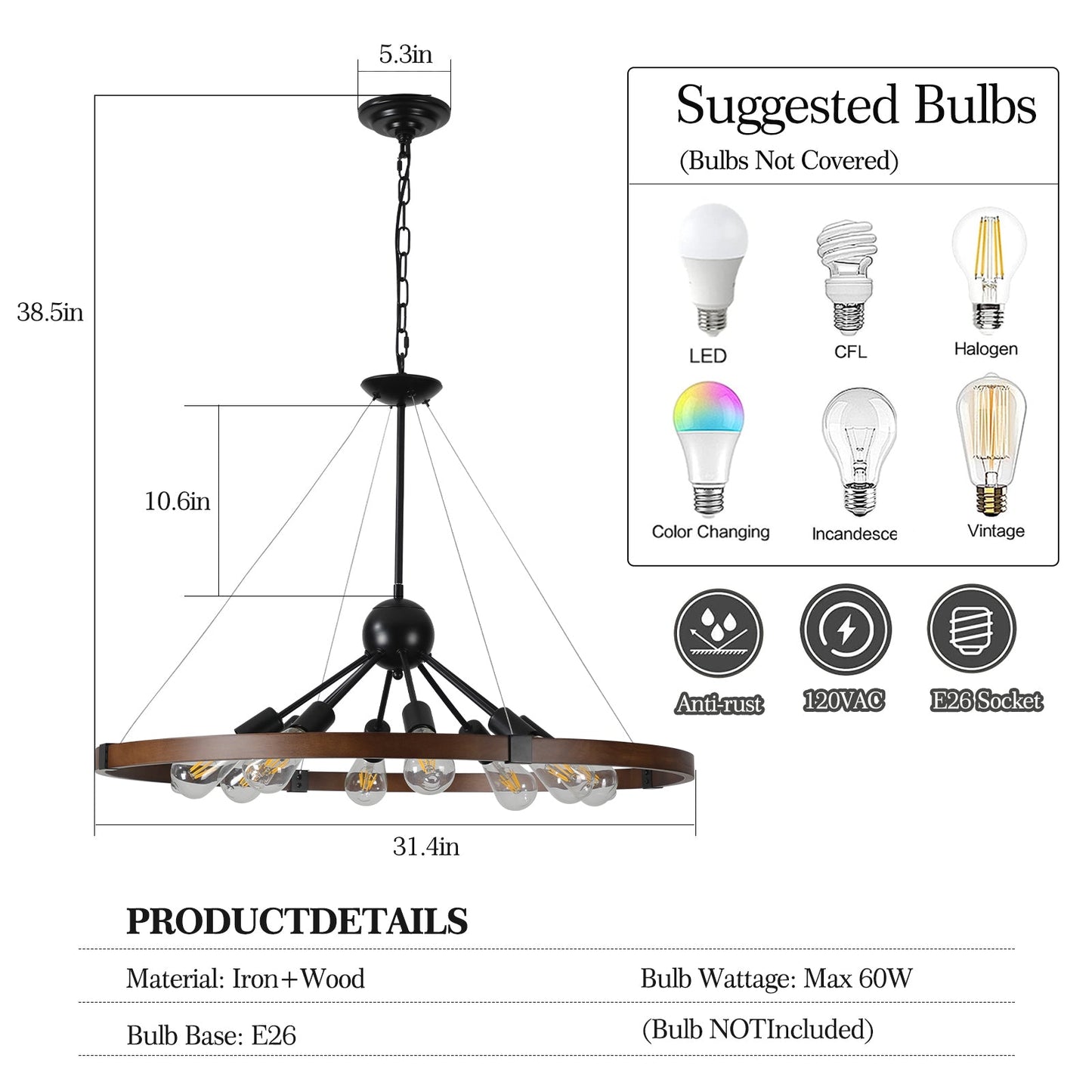 (New SKU:W1340P206642) 8-Light Retro Farmhouse Chandelier For Kitchen,