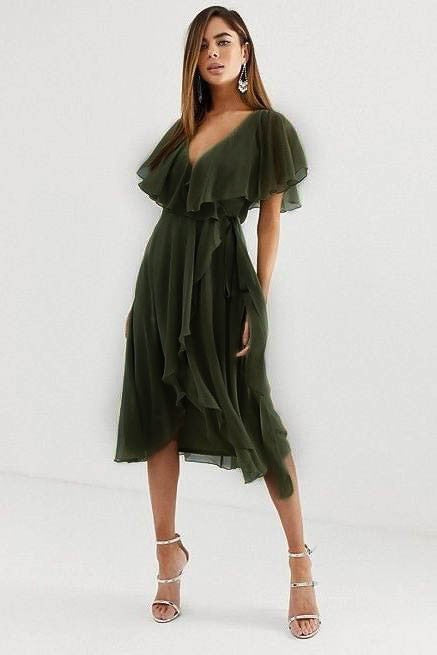 Elegant midi dress with ruffle and wrap skirt Barbados, olive