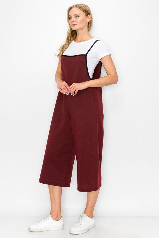 Cropped Bottom Wide Leg Oversized Jumpsuit - Burgundy