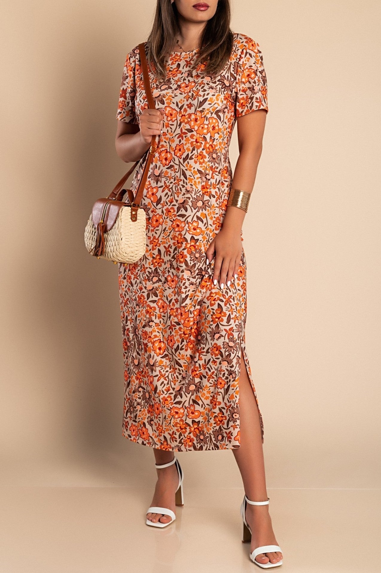 Maxi dress with floral print, orange