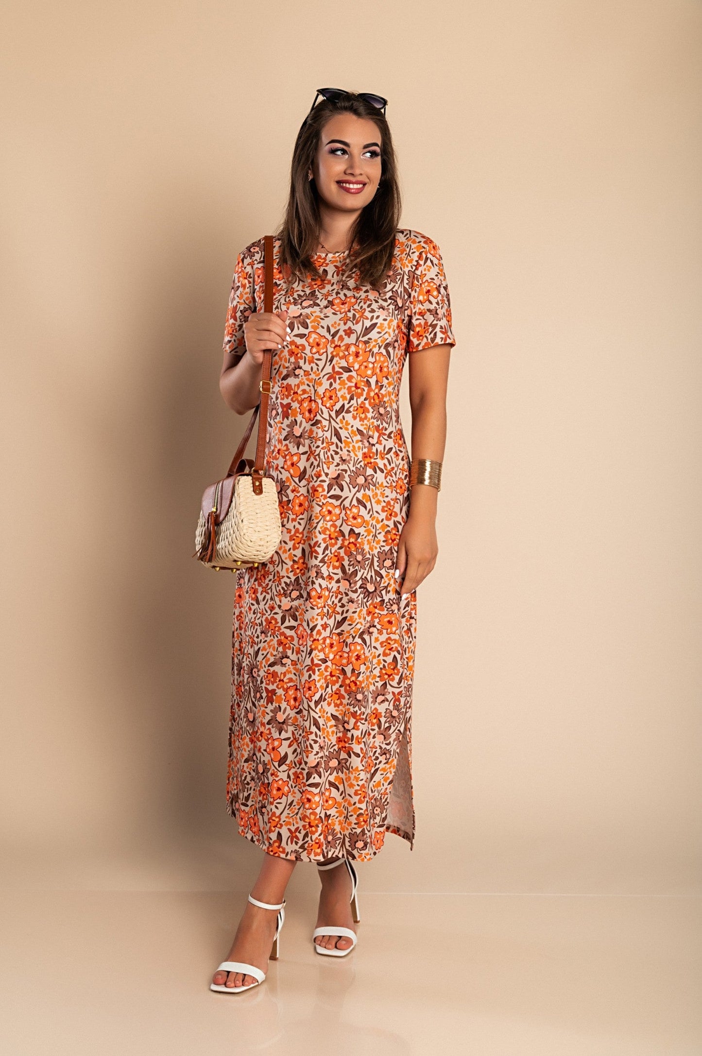 Maxi dress with floral print, orange