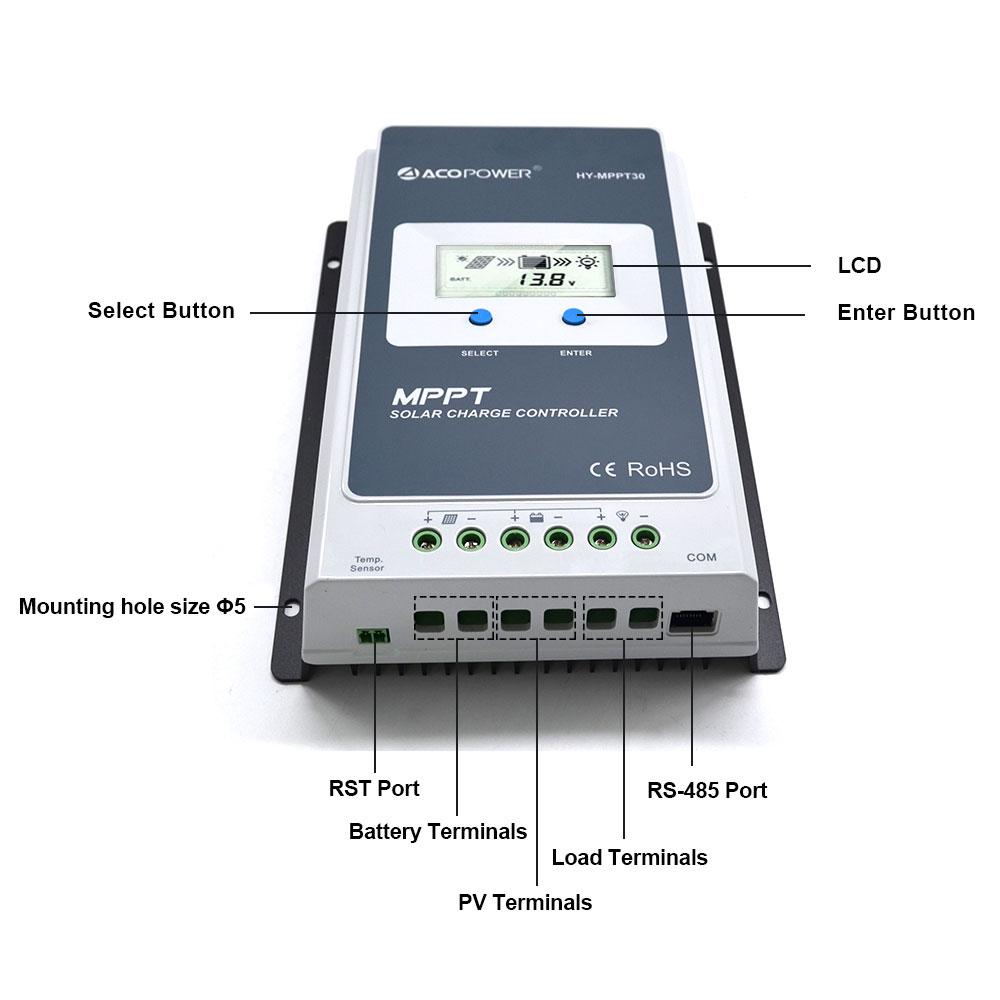 ACOPOWER 30A MPPT Solar Charge Controller with Remote Meter MT-50