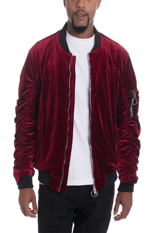 Velour Cinch Sleeve Bomber Jacket