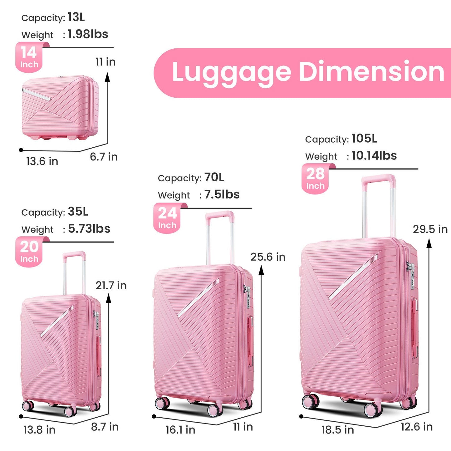 Luggage Sets 4 Piece(14/20/24/28), Expandable Lightweight Suitcase