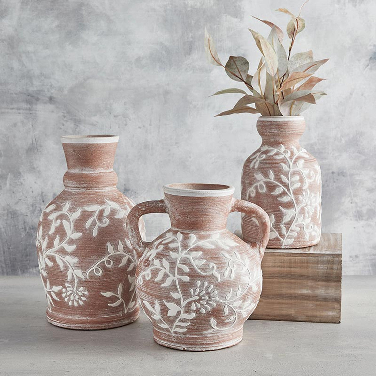 Floral Vase | Embossed Terracotta Short Vase | 9" Tall