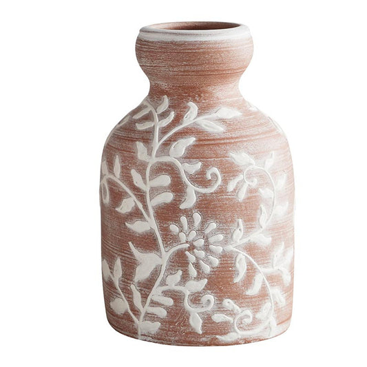 Floral Vase | Embossed Terracotta Short Vase | 9" Tall