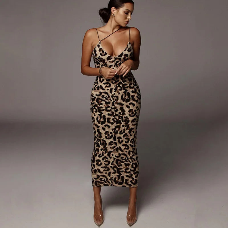 leopard print sleeveless V-neck sexy midi dress spring women fashion