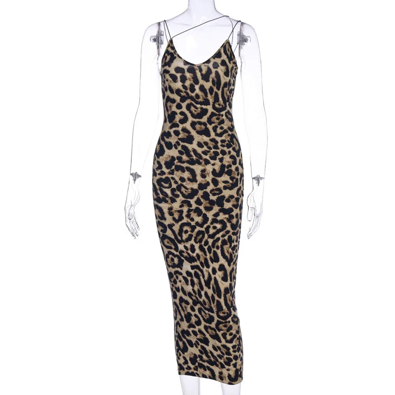 leopard print sleeveless V-neck sexy midi dress spring women fashion