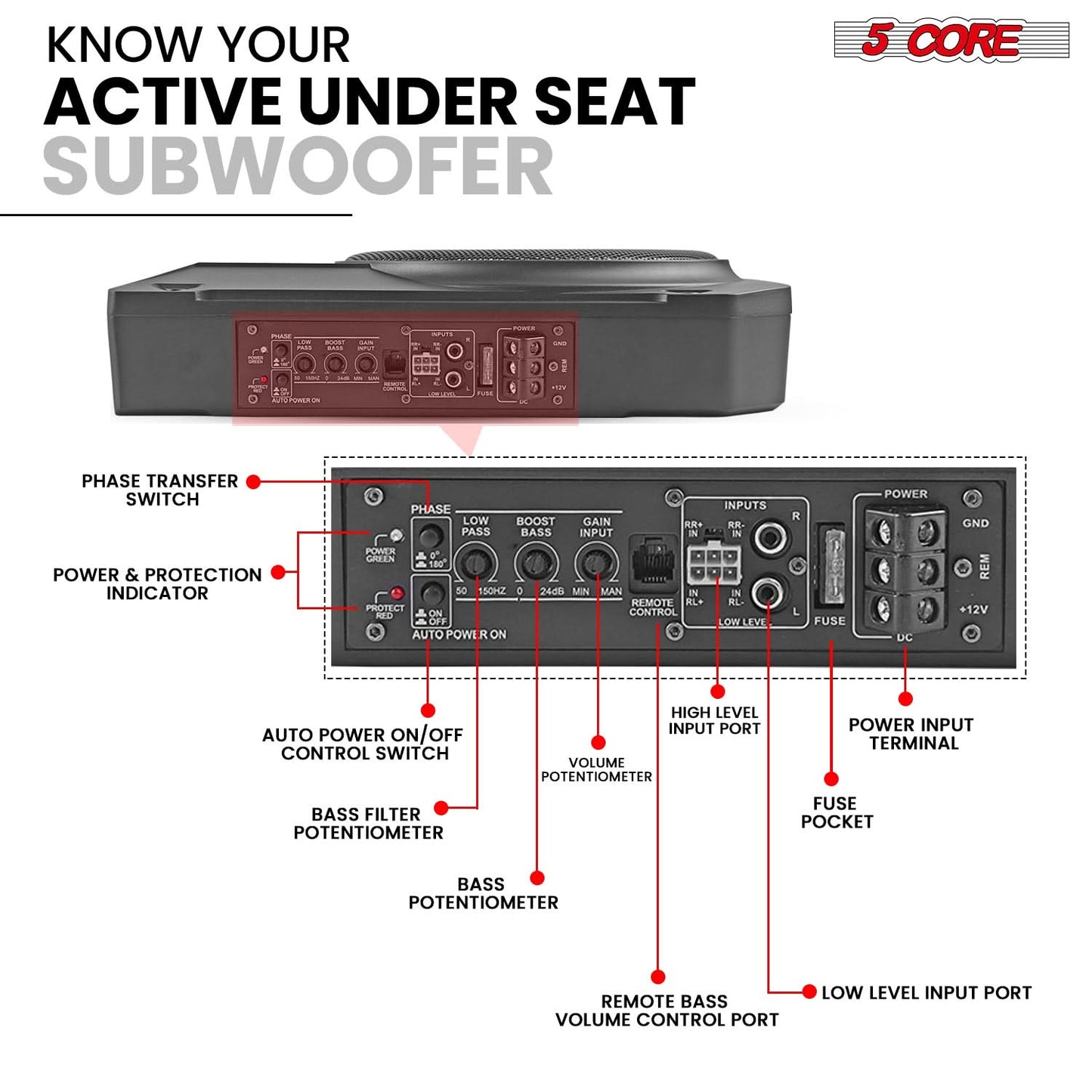 5CORE 10 inch Slim Under Seat Car Audio Subwoofer 800W Peak 150W RMS