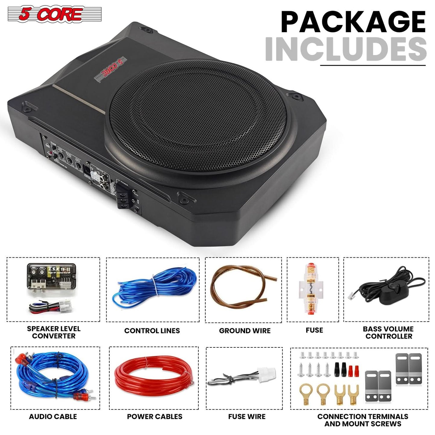 5CORE 10 inch Slim Under Seat Car Audio Subwoofer 800W Peak 150W RMS