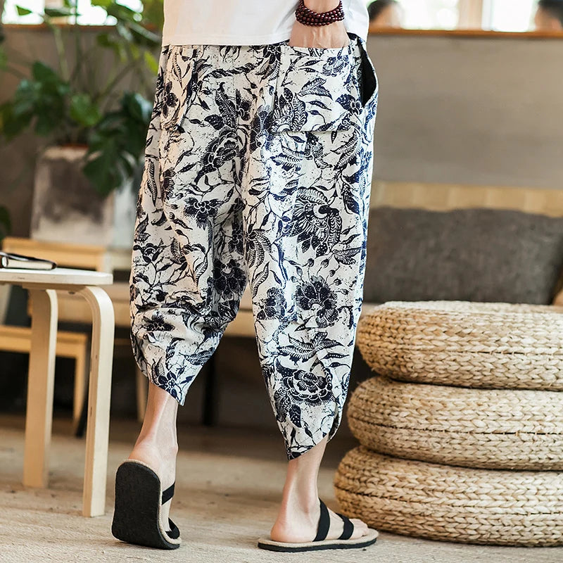 Harajuku Summer Loose Calf Length Casual Pants Men Wide Leg Cotton