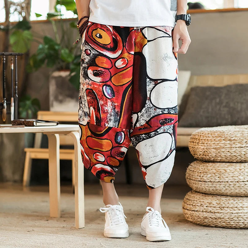 Harajuku Summer Loose Calf Length Casual Pants Men Wide Leg Cotton