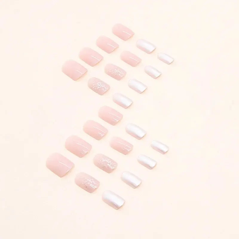 24 PCs Short Pieces of French Glitter Pearl Nails with 1 Jelly Gel and