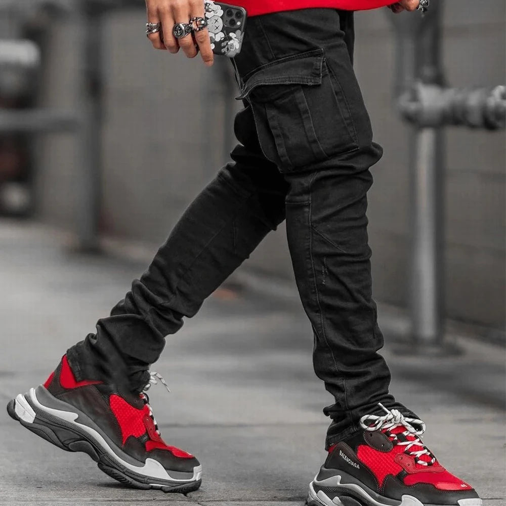 Street Elastic Jeans Men Denim Cargo Pants Wash Solid Color Multi