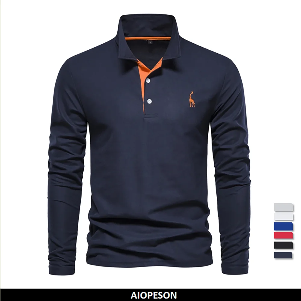 AIOPESON 2023 New Men's Deer Embroidery Polo Shirts Solid Color Long