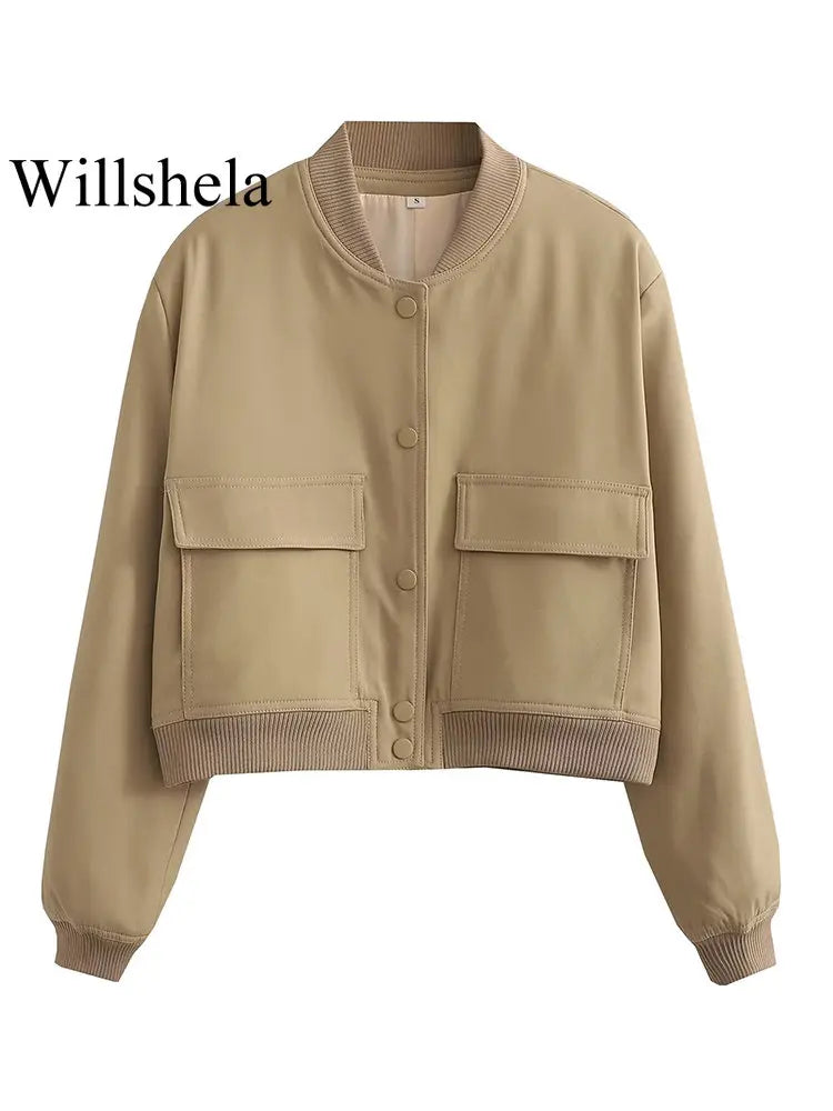 Willshela Women Fashion Solid Bomber Jackets Coat With Pockets V-Neck