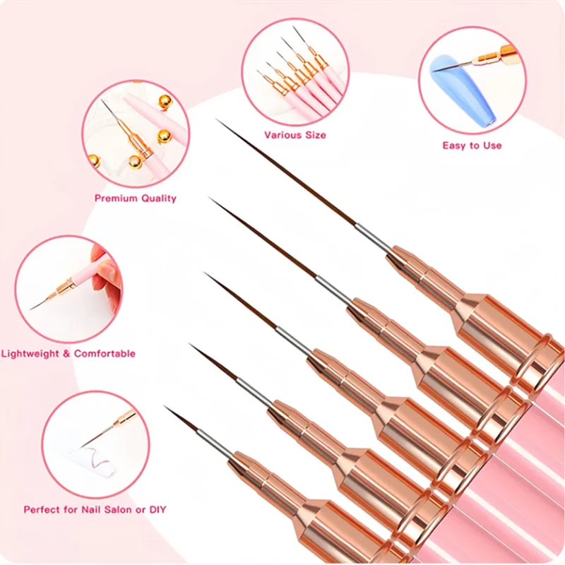 5 Pcs Nail Art Liner Brushes Set Elongated Lines Striping Drawing UV