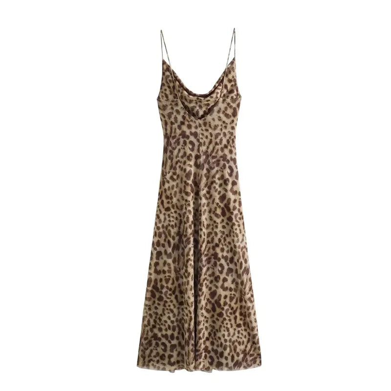 ASDS Leopard Print Long Dress Women Tulle Backless Slip Dress Woman