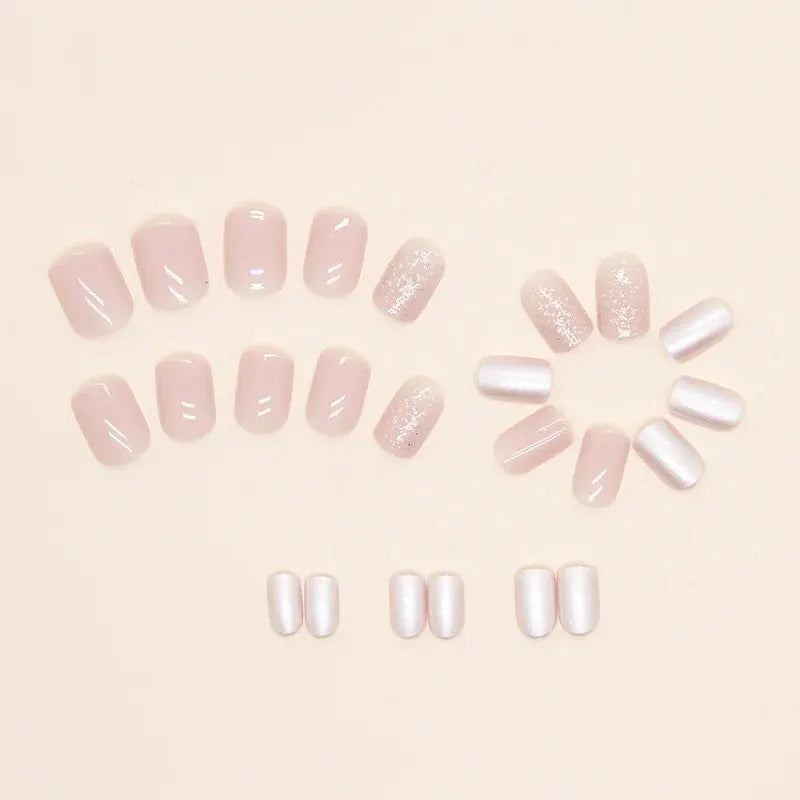 24 PCs Short Pieces of French Glitter Pearl Nails with 1 Jelly Gel and