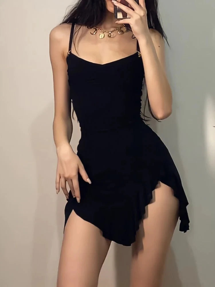 Women Sexy Side Slit Ruffled Mini Dress Sleeveless Spaghetti Strap