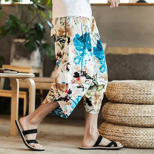 Harajuku Summer Loose Calf Length Casual Pants Men Wide Leg Cotton