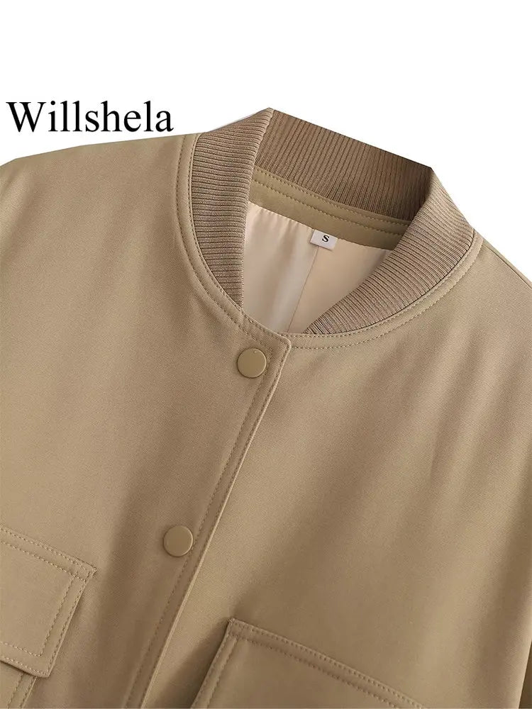 Willshela Women Fashion Solid Bomber Jackets Coat With Pockets V-Neck