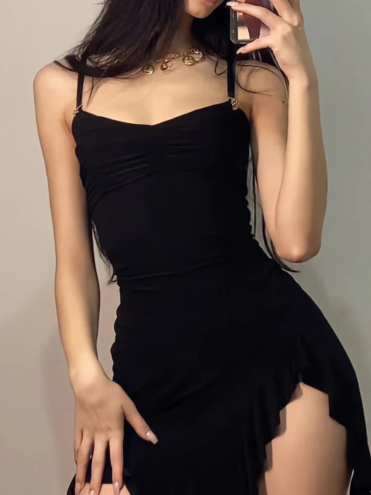 Women Sexy Side Slit Ruffled Mini Dress Sleeveless Spaghetti Strap