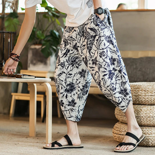 Harajuku Summer Loose Calf Length Casual Pants Men Wide Leg Cotton