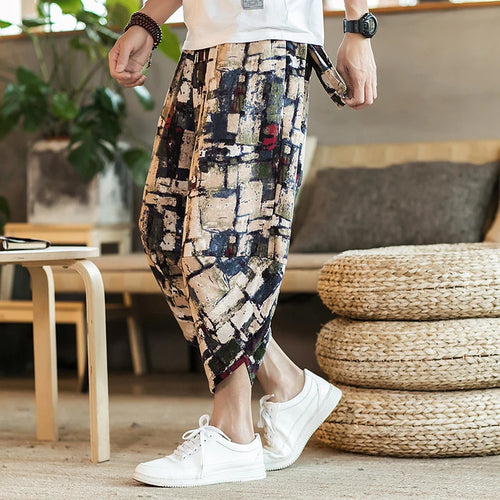 Harajuku Summer Loose Calf Length Casual Pants Men Wide Leg Cotton