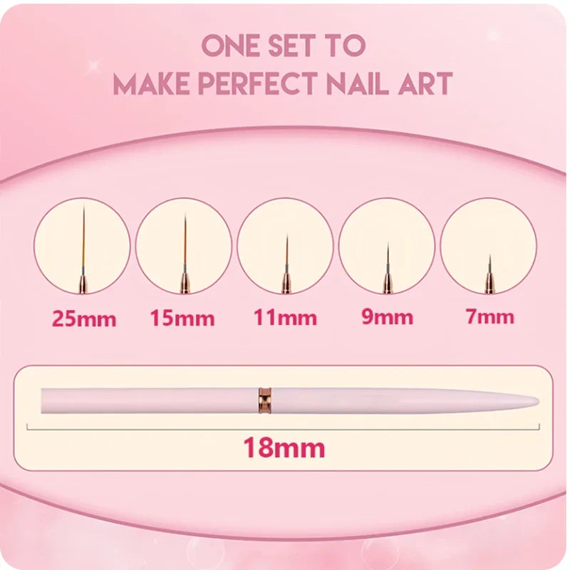 5 Pcs Nail Art Liner Brushes Set Elongated Lines Striping Drawing UV