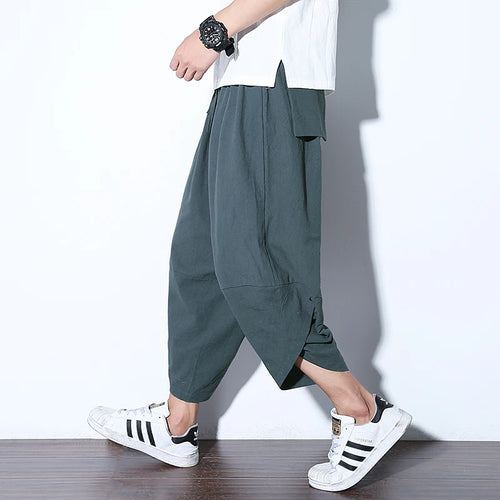 Harajuku Summer Loose Calf Length Casual Pants Men Wide Leg Cotton