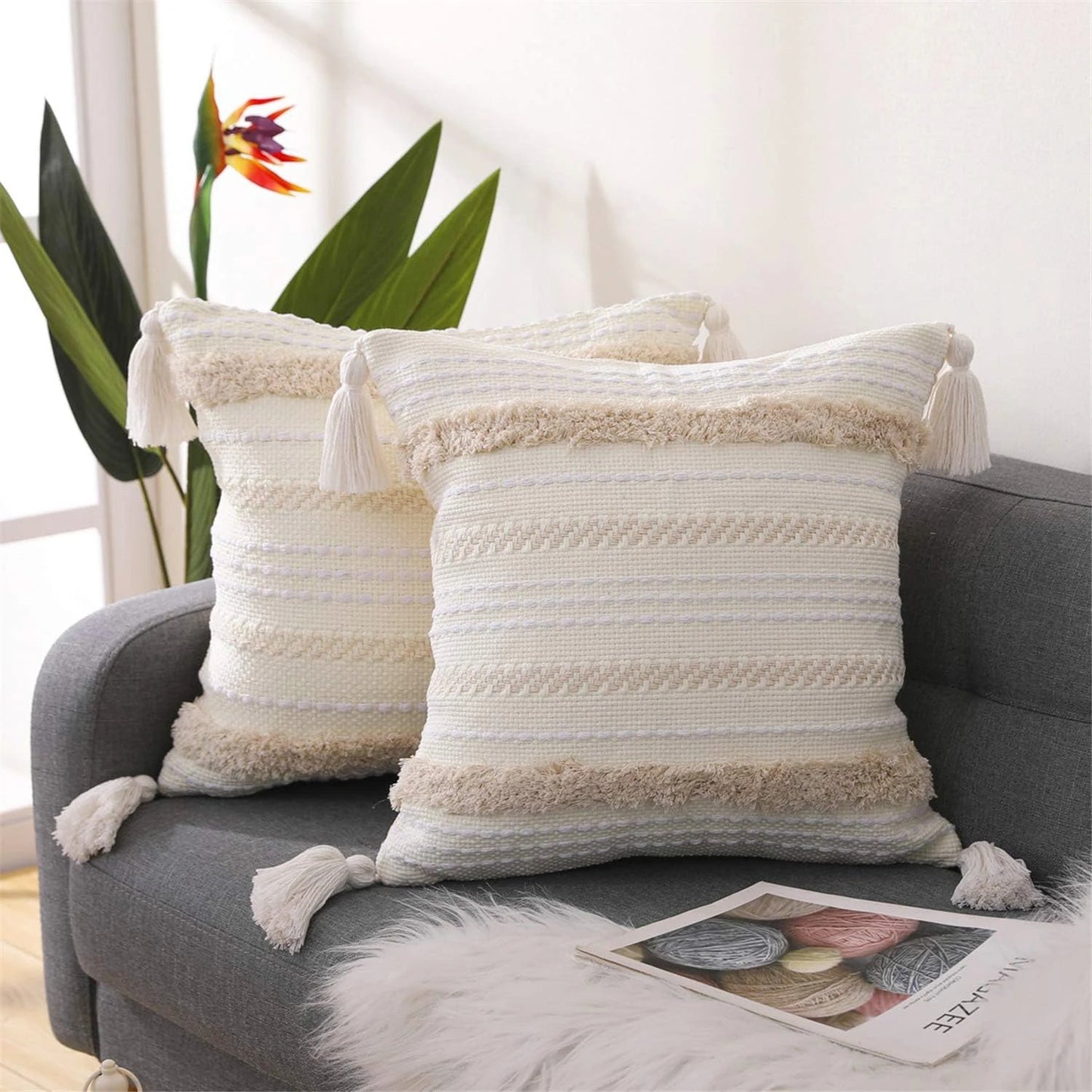 Tassels Neutral Woven Cushion Cover