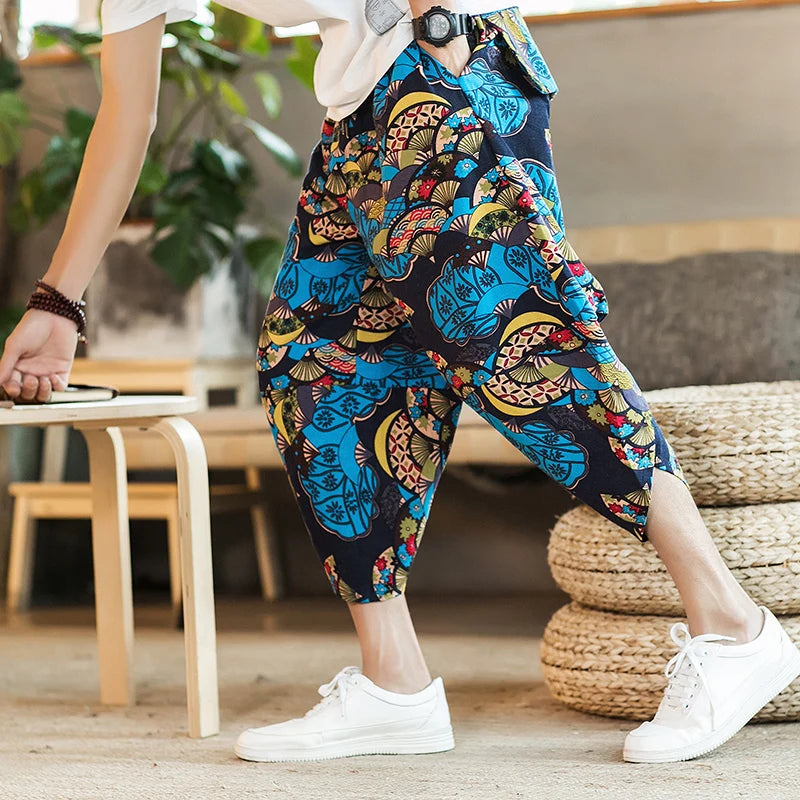 Harajuku Summer Loose Calf Length Casual Pants Men Wide Leg Cotton