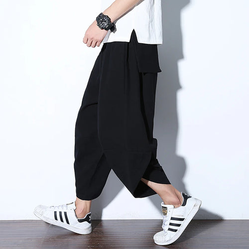 Harajuku Summer Loose Calf Length Casual Pants Men Wide Leg Cotton