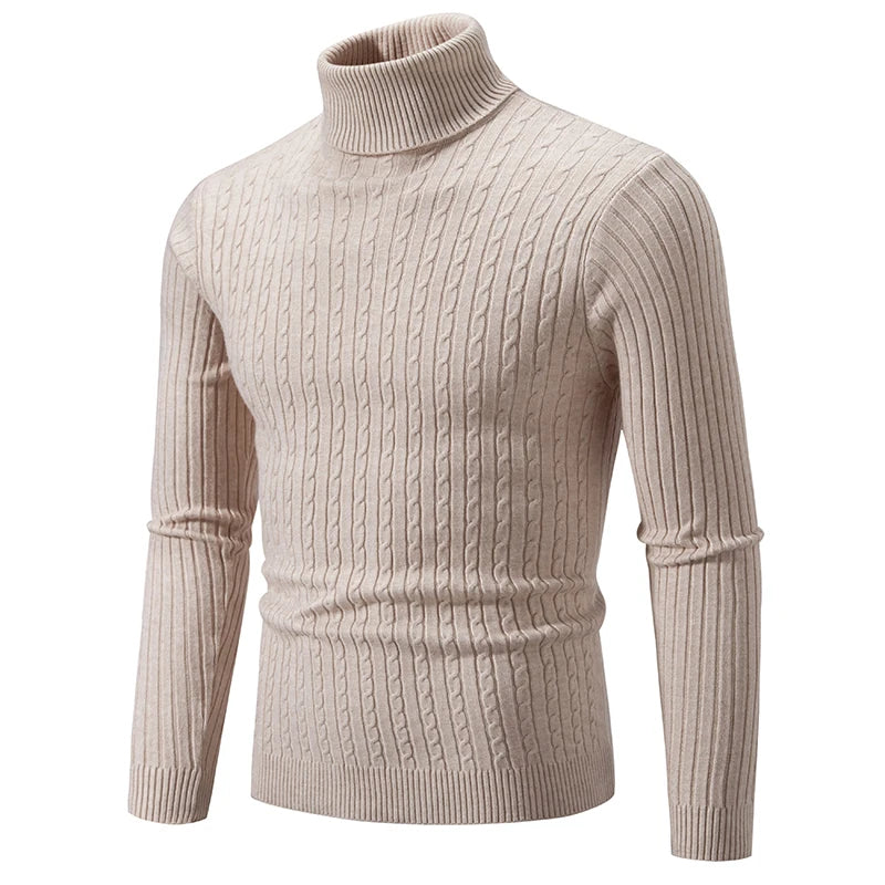 New Men's High Neck Sweater Solid Color Pullover Knitted Warm Casual