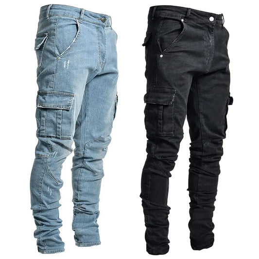 Street Elastic Jeans Men Denim Cargo Pants Wash Solid Color Multi