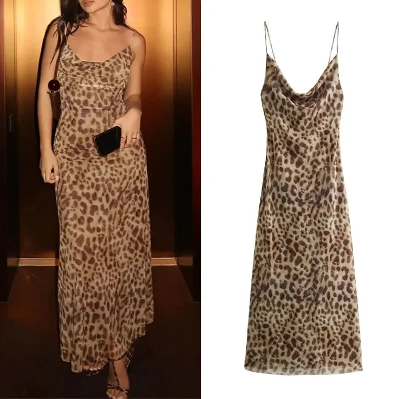 ASDS Leopard Print Long Dress Women Tulle Backless Slip Dress Woman