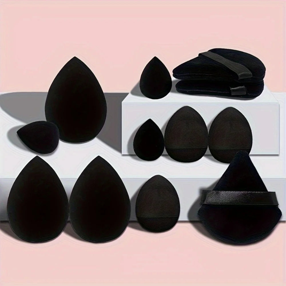 12 makeup puff sets: 3 fingertip puff, 3 triangle puff, 3 mini thumb