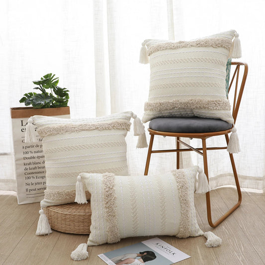 Tassels Neutral Woven Cushion Cover