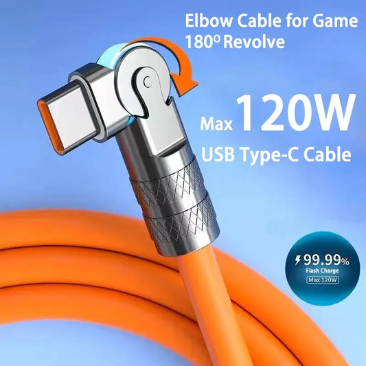 120W 7A Fast Charge USB Type C Cable 180 Degree Rotation Elbow Cable