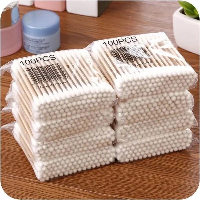 500pcs Double Head Wood Cotton Swab Nose Ears Cleaning Women Makeup