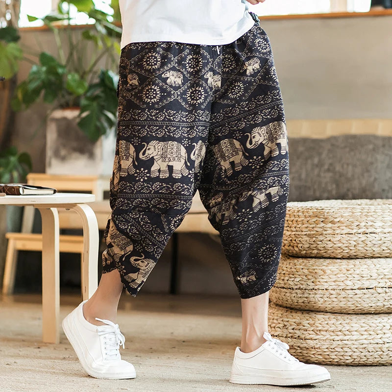 Harajuku Summer Loose Calf Length Casual Pants Men Wide Leg Cotton