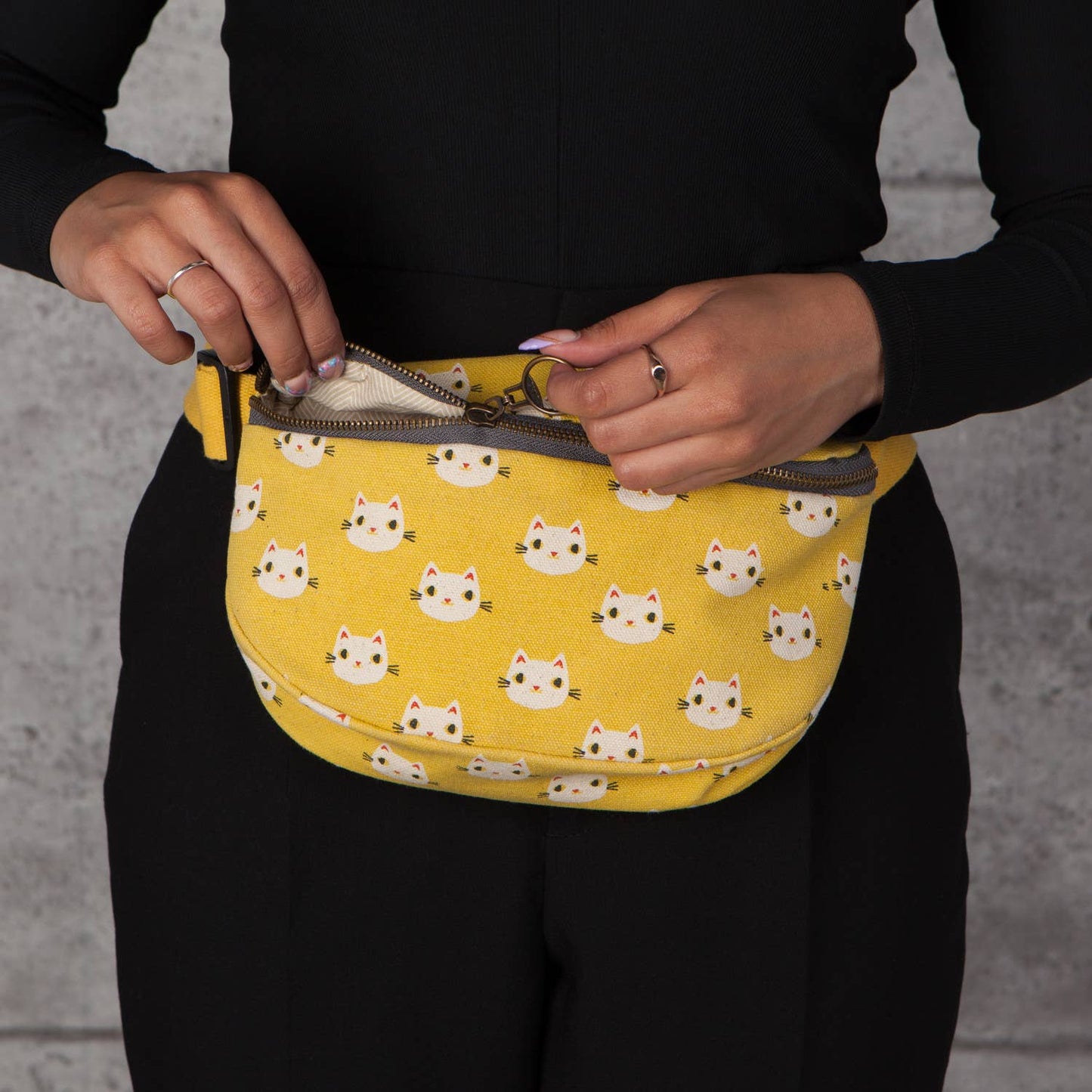 Meow Meow Cats Cotton Hip Bag Adjustable Strap | Yellow Waist Belt