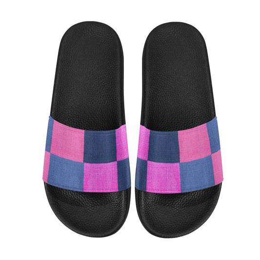 Womens Slides, Flip Flop Sandals, Pink & Blue Squares