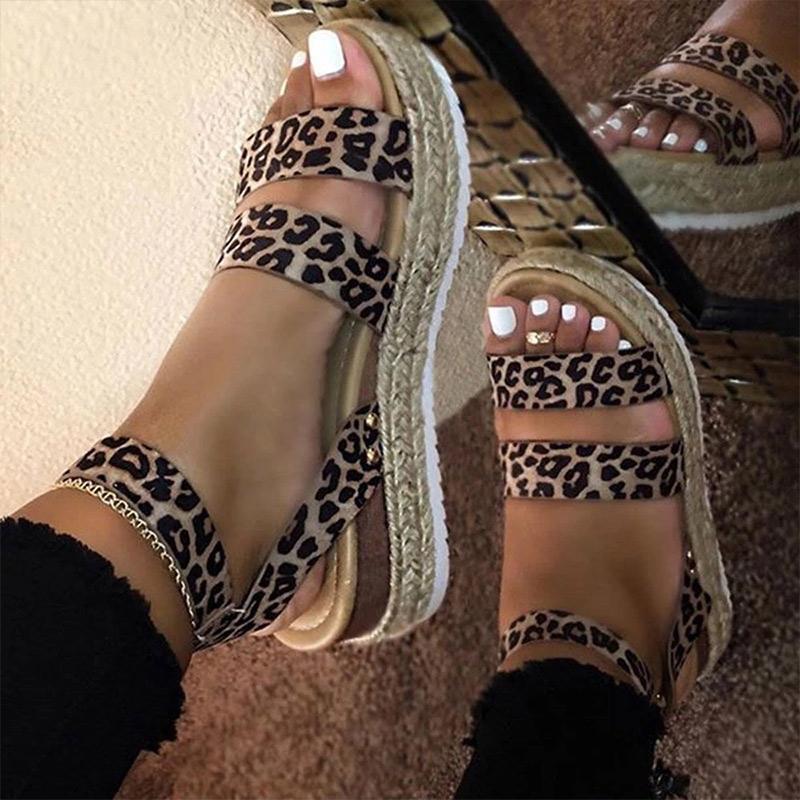 Women Sandals Leopard Retro Hemp Flat Platform Ladies Summer Wedges