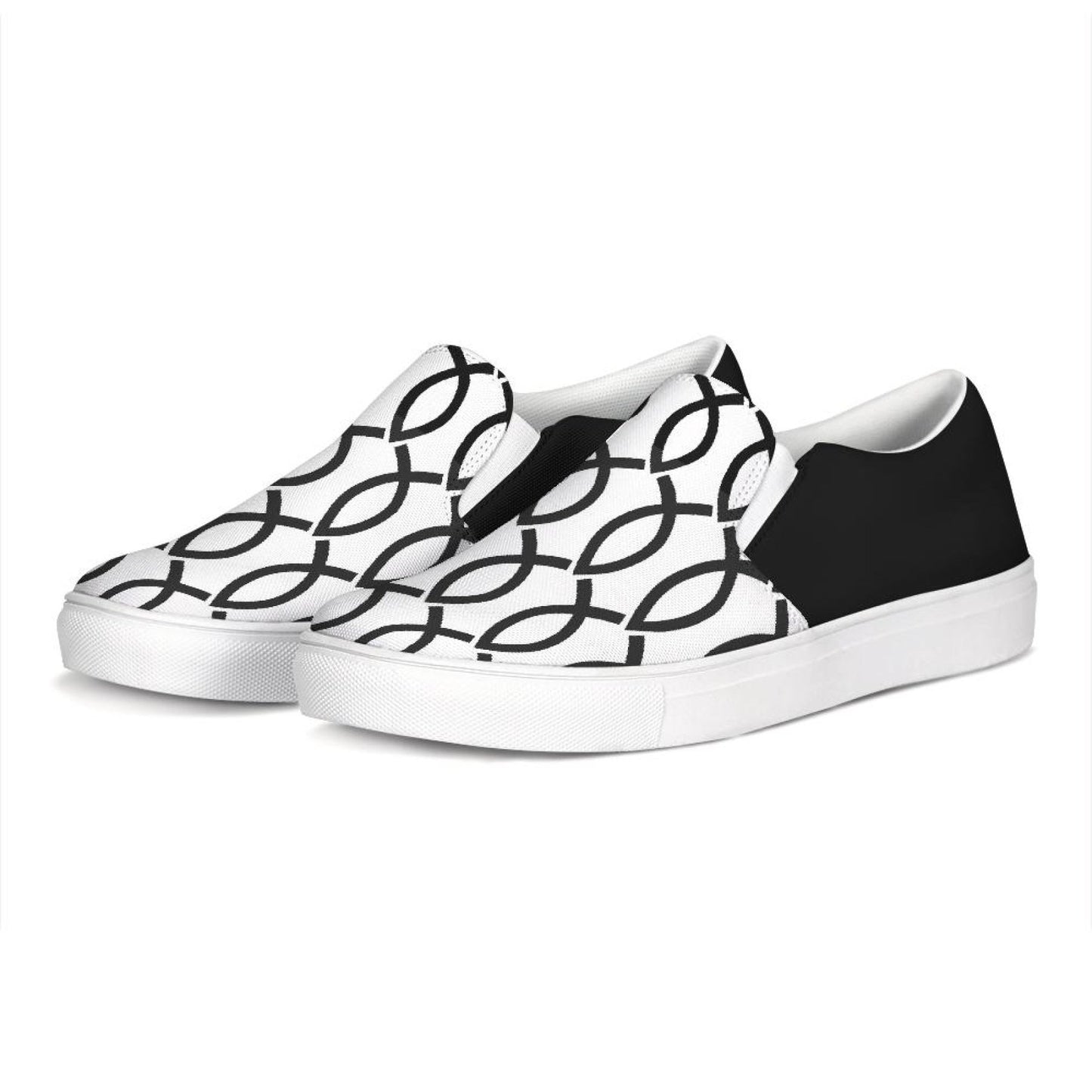 Womens Sneakers - Black & White Ichthys Style Low Top Slip-on Canvas