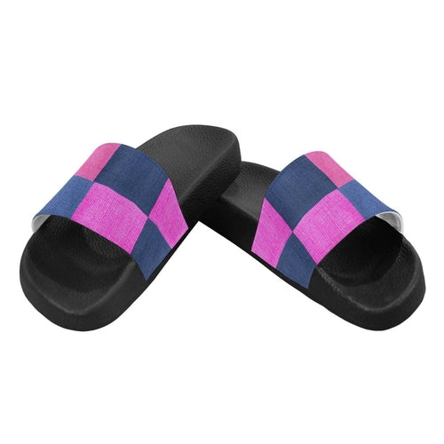 Womens Slides, Flip Flop Sandals, Pink & Blue Squares